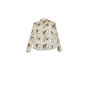 Bit & Bridle Western Horse Button-Down Shirt XL Equestrian Blouse Tan Women's